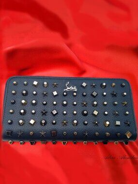 Christian Louboutin Wallet Navy Leather Stars/Studs Zip Around, 8" x 4" has COA